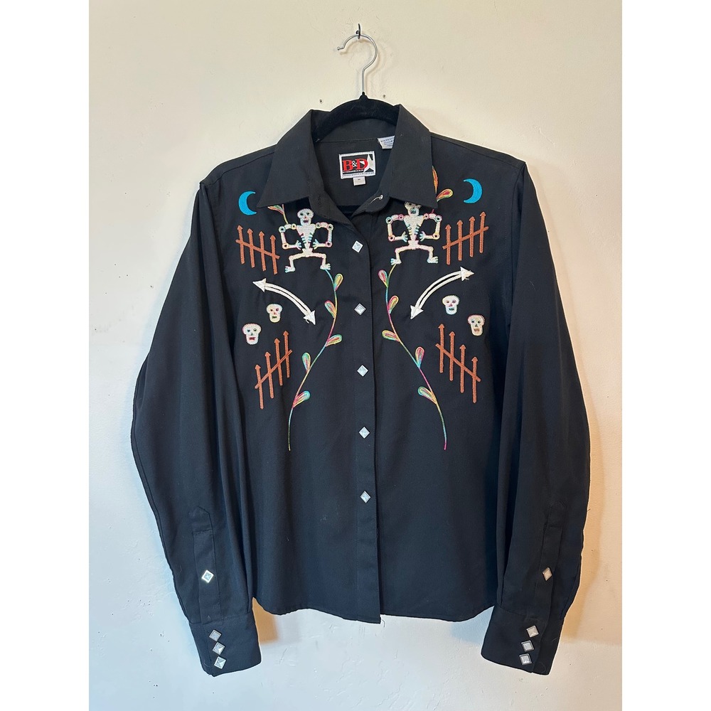 Vintage Brooks & Dunn Panhandle Slim Western Shirt Black Rainbow day of the dead